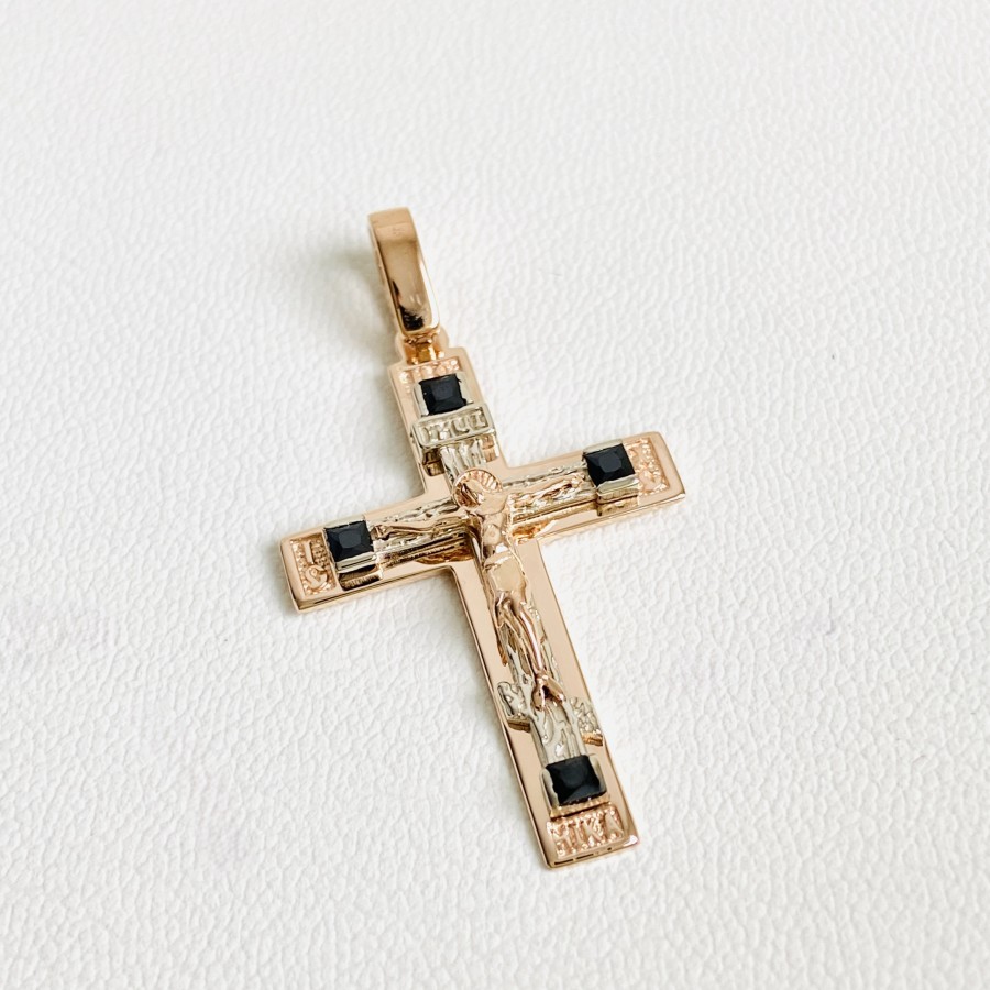 Золотий хрестик з чорними фіанітами 03160