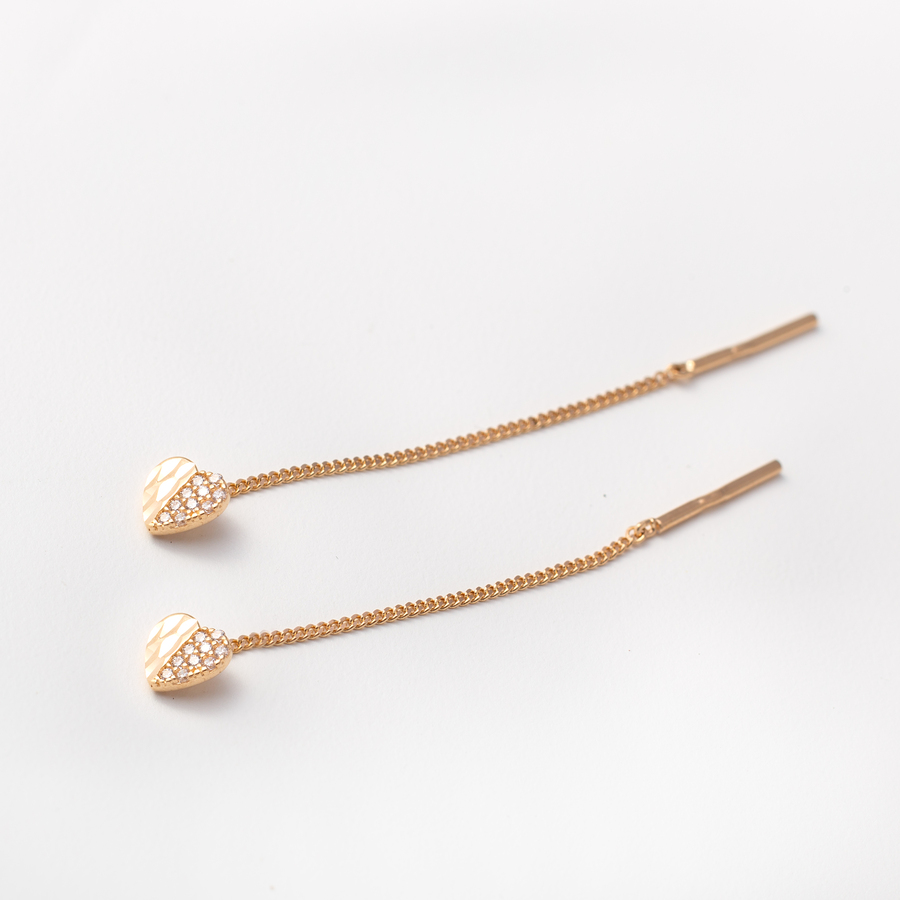 Золоті сережки-протяжки "Сердечки" з алмазною гранню з фіанітами С30205