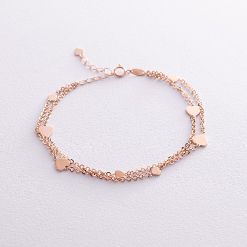 Двойной браслет "Сердечки" в красном золоте б05197