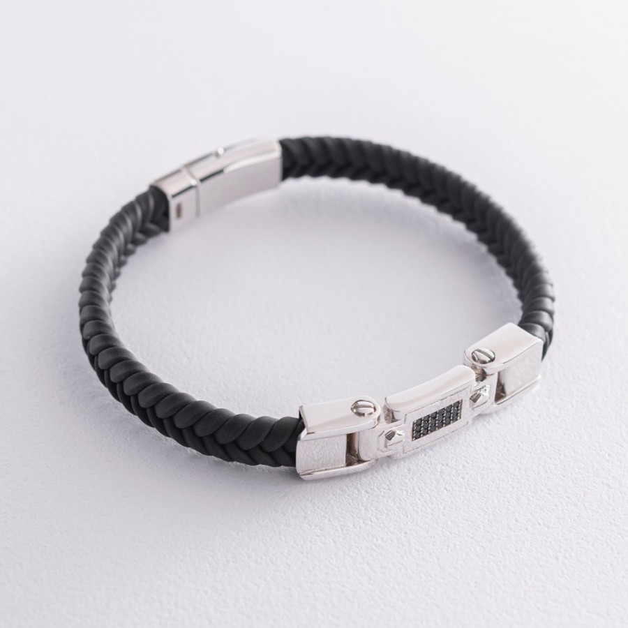 Каучуковий браслет з білого золота з фіанітами б03995