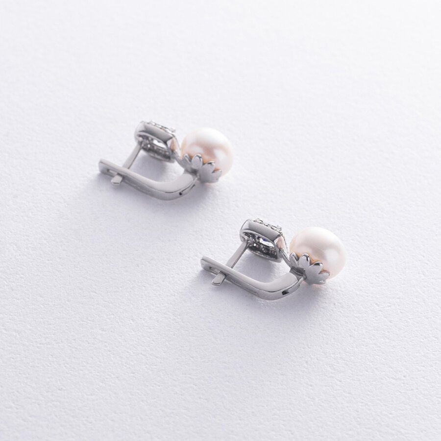 Срібні сережки з перлами, синт. сапфірами та фіанітами 2487/1р-PWTNS