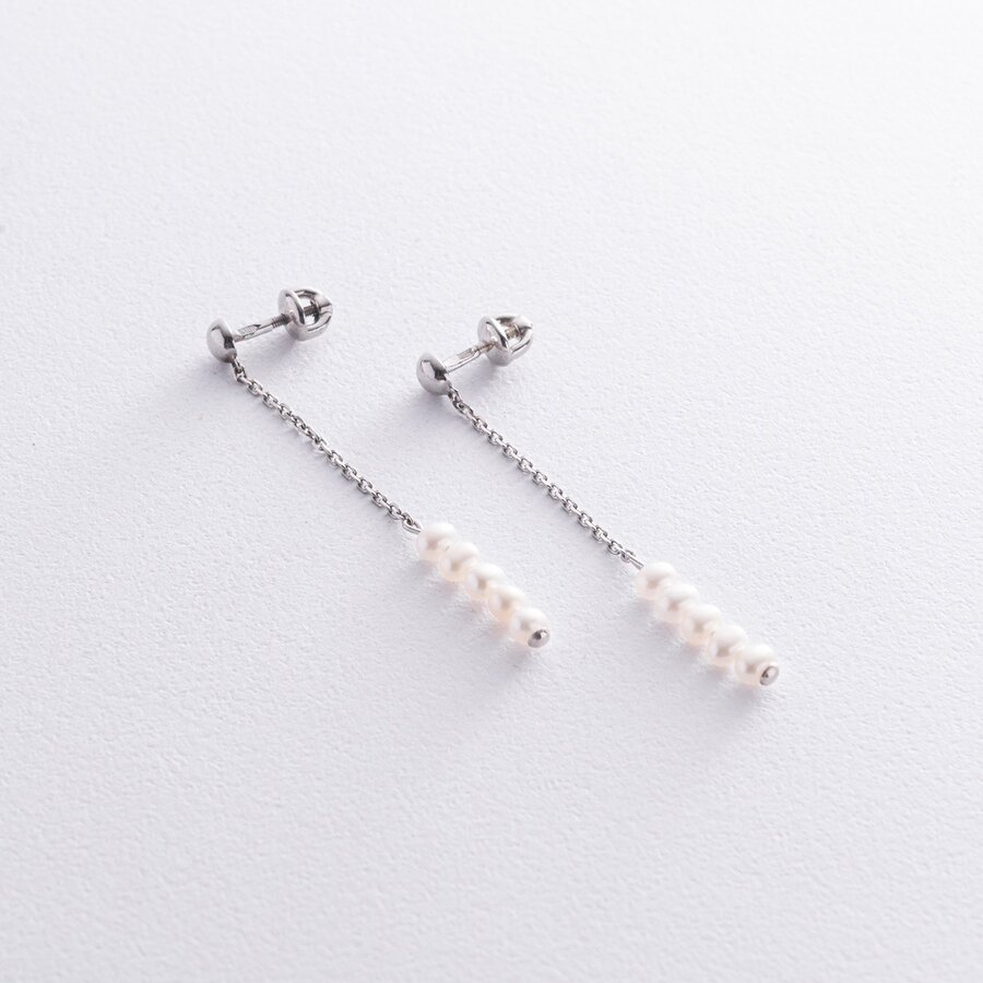 Срібні сережки - пусети з перлами на ланцюжку 2339/1р-PWT
