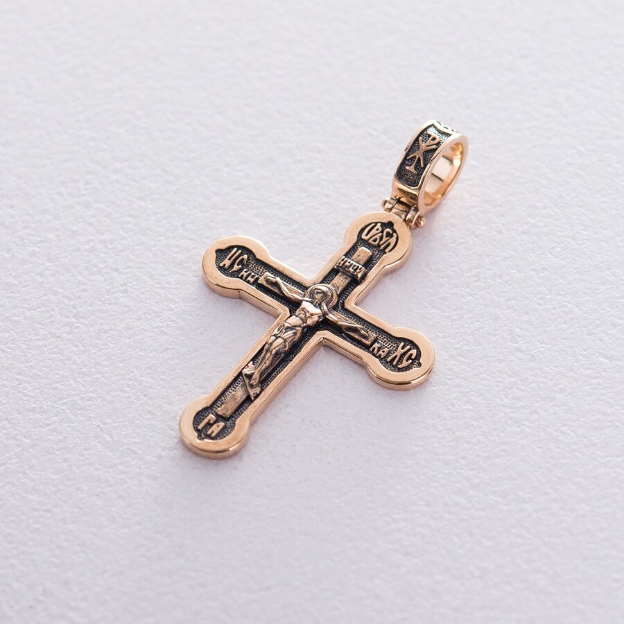 Золотой православный крест "Распятие. Спаси и Сохрани" с чернением п02823