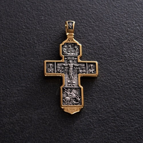 Серебряный крест "Распятие Христово. Архангел Михаил. Николай Чудотворец. Казанская икона" 132721