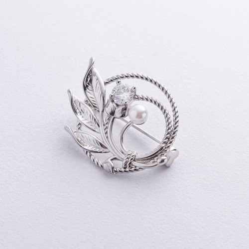 Серебряная брошь с жемчужиной и фианитом 16152
