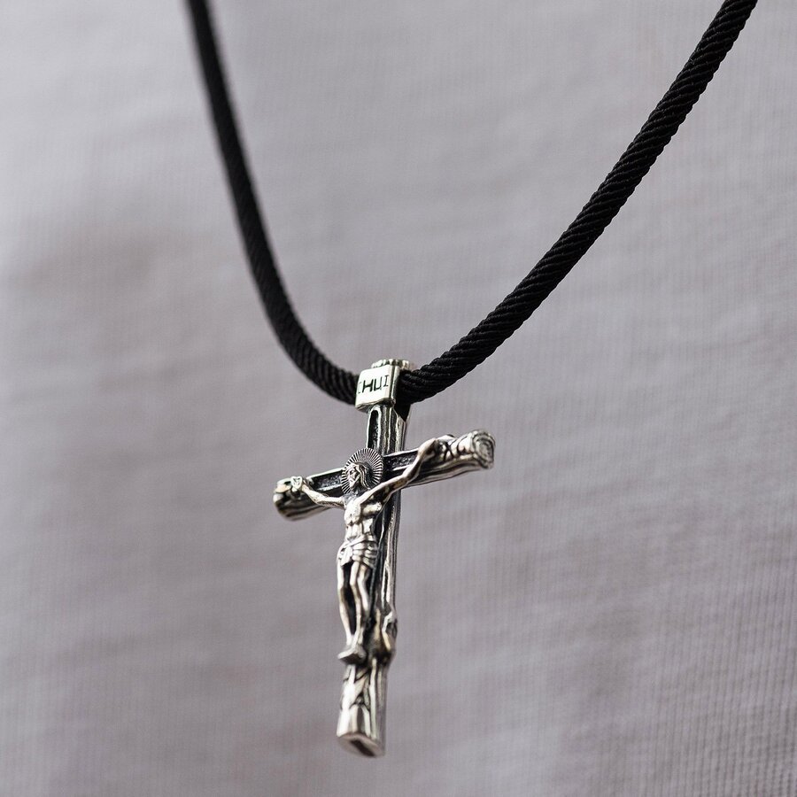Православный серебряный крест "Распятие. Спаси и Сохрани" на шнурке 847