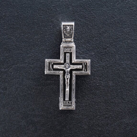 Срібний хрест "Розп'яття. Спаси і  Збережи" з ебеновим деревом 625