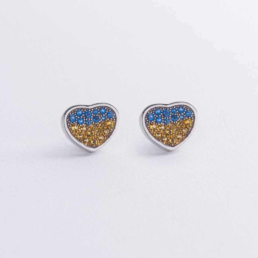 Срібні сережки - пусети "Сердечки" (блакитні та жовті камені) 912с