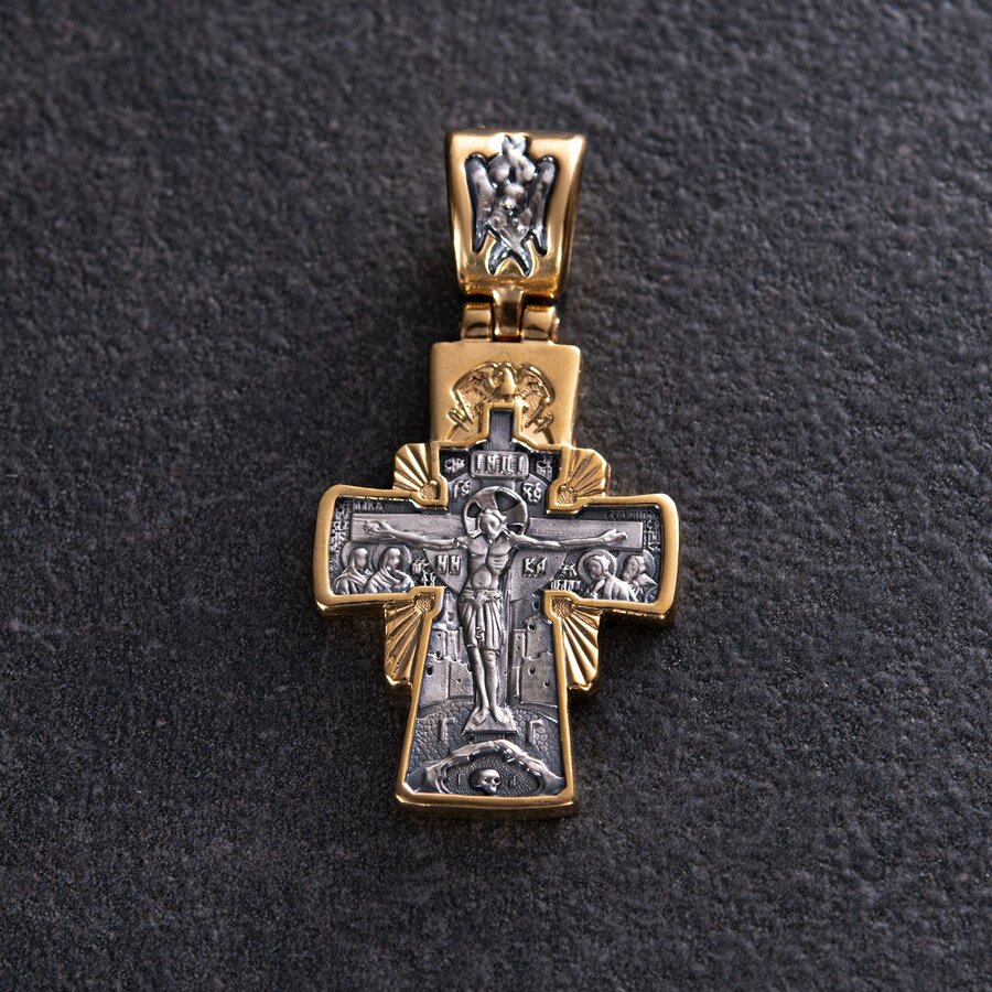 Срібний православний хрест з позолотою "Господь Вседержитель. Ікона Божої Матері "Семистрільна" 132386
