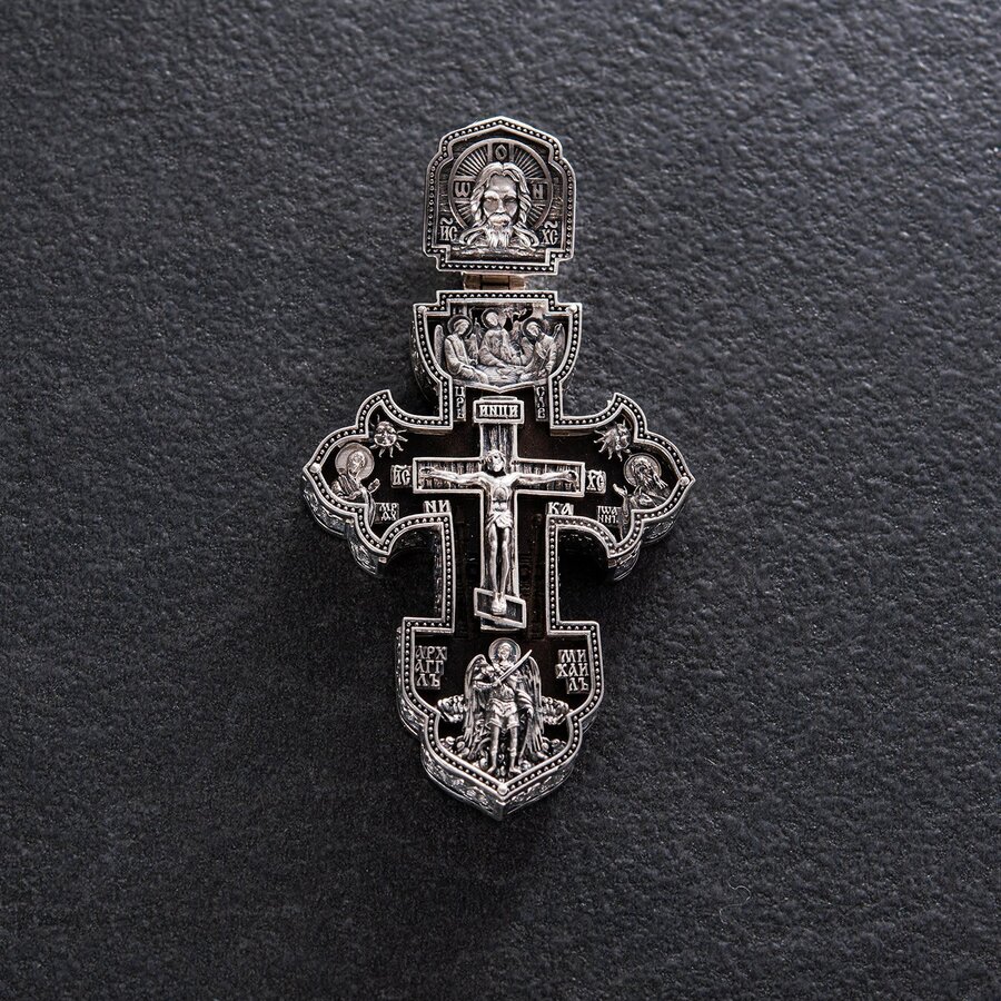 Чоловічий православний хрест "Розп'яття. Спаси та Збережи" з ебенового дерева та срібла 1003с