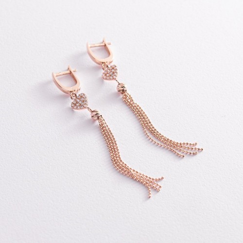 Золотые серьги "Сердечки" с цепочками (фианиты) с07826