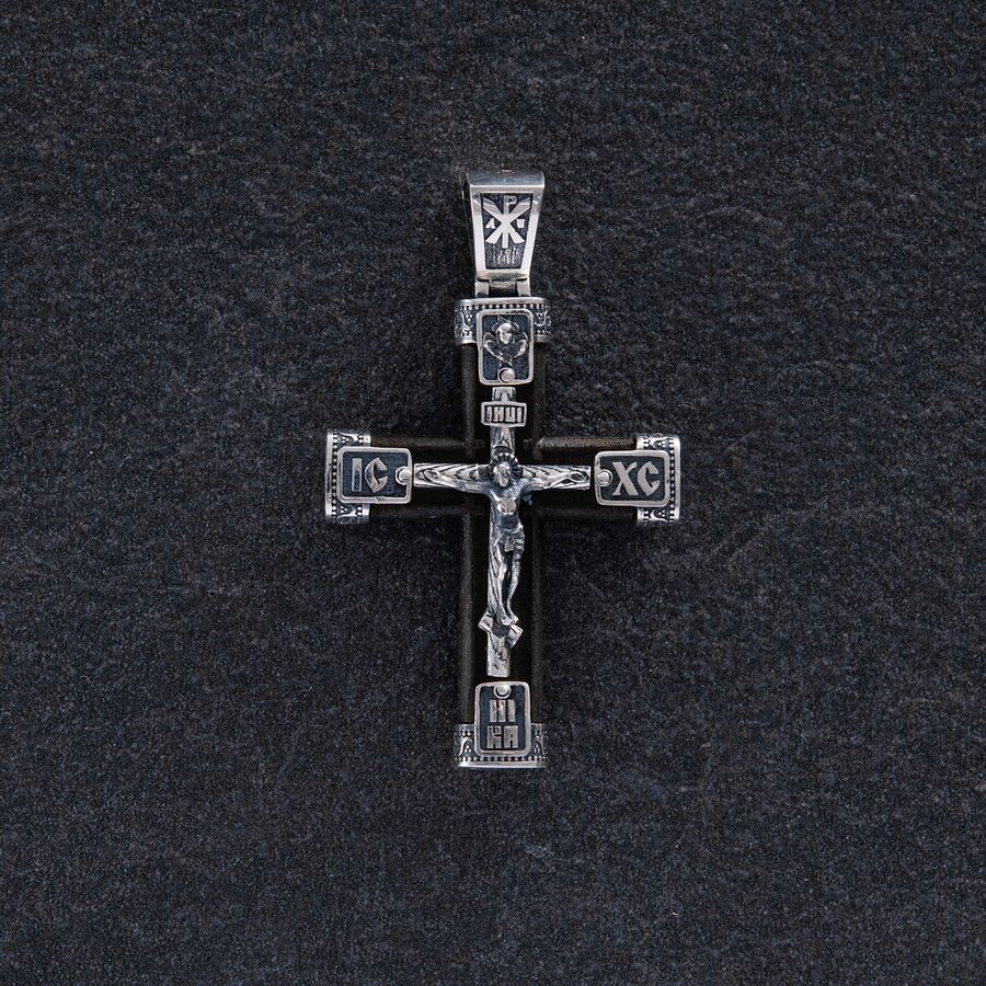 Срібний хрест "Розп'яття. Спаси та Збережи" з ебеновим деревом mini 1061