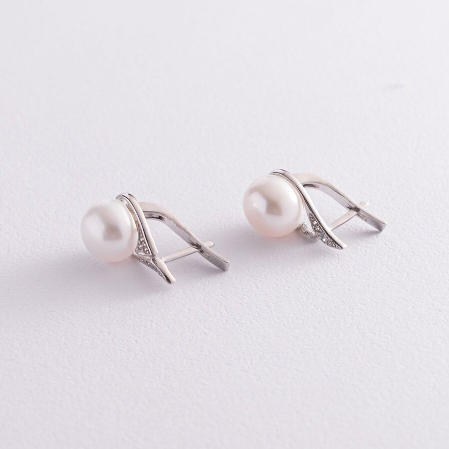 Срібні сережки з перлами і фіанітами 2466/1р-PWT