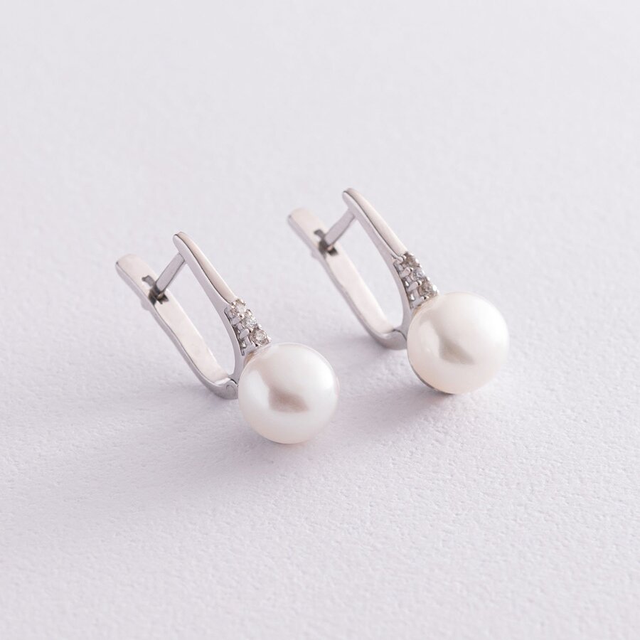 Срібні сережки з перлами і фіанітами 2457/1р-PWT