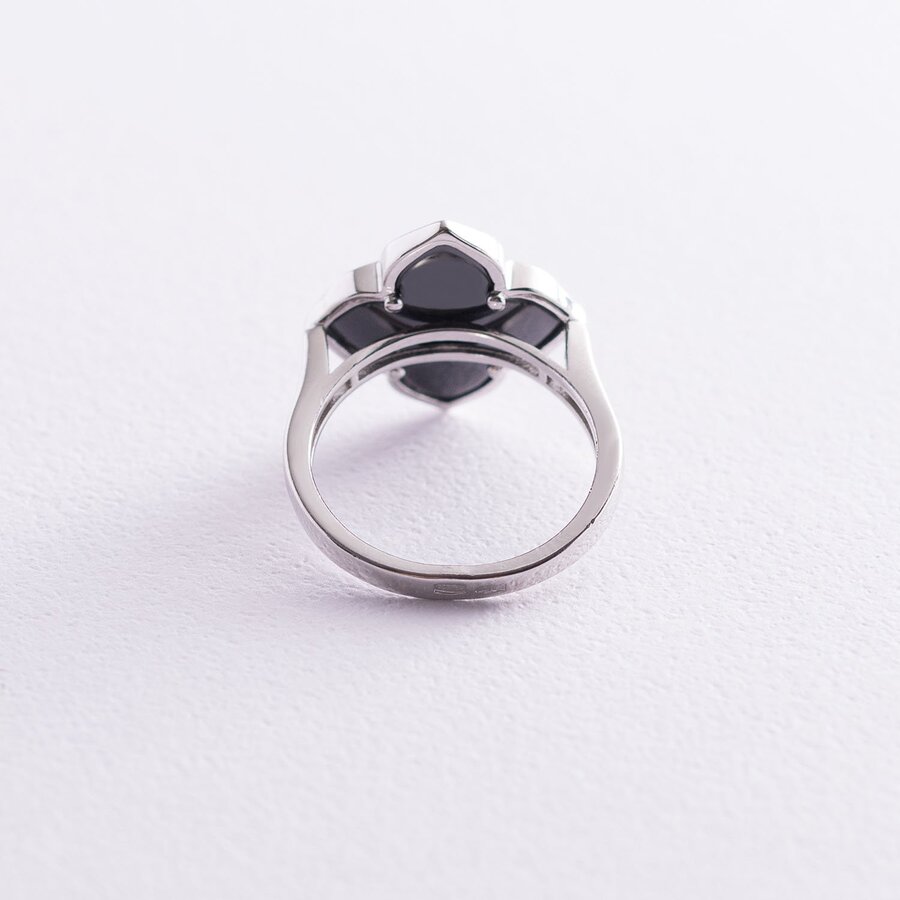 Серебряное кольцо "Клевер" (фианит, керамика) 112542