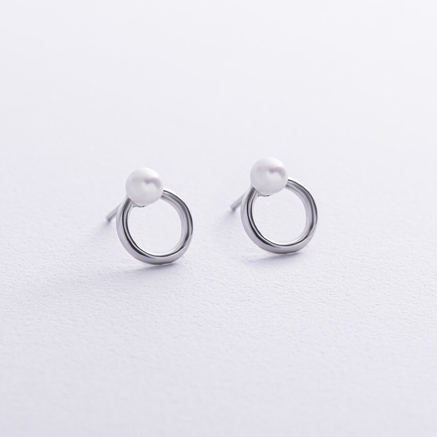 Срібні сережки - пусети "Кругообіг" з перлами 123277