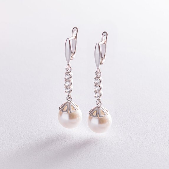 Срібні сережки (штучні перли, фіаніти) 121240