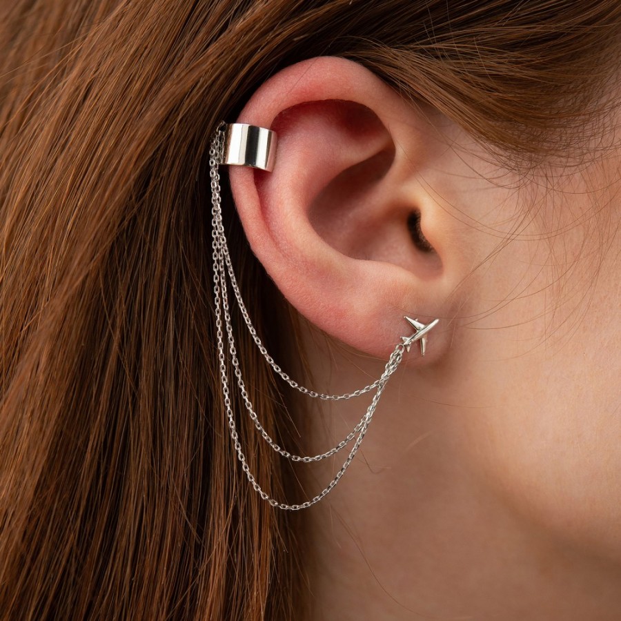 Сережка - каффа "Літак" у білому золоті з ланцюжками с08387