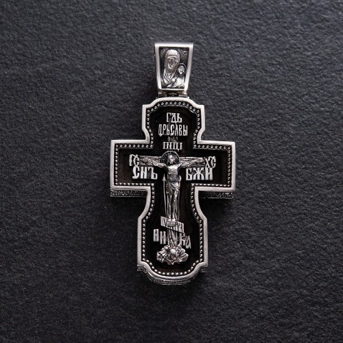 Серебряный крест "Господь. Архангелы Михаил и Гавриил. Ангел Хранитель. Святитель Николай. Сергий Радонежский" с эбеновым деревом 980
