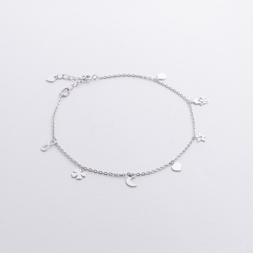 Серебряный браслет "Монетка, хамса, звезда, сердце, луна, клевер, бесконечность" на ногу 905-01110