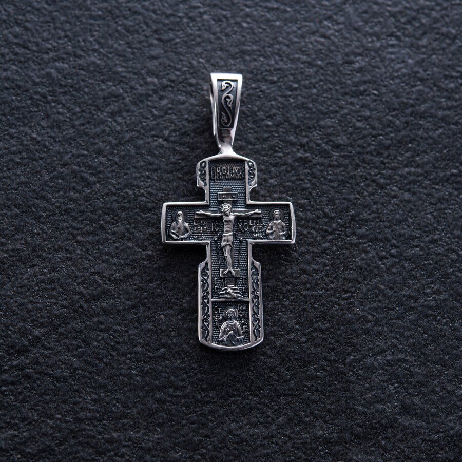 Срібний православний хрестик "Розп'яття Христове. Деісус. Ікона Божої Матері "Всецариця". Вмч. Пантелеймон" 133098