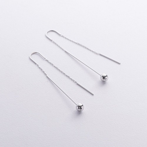 Серьги "Шарики" в белом золоте на цепочке с08823