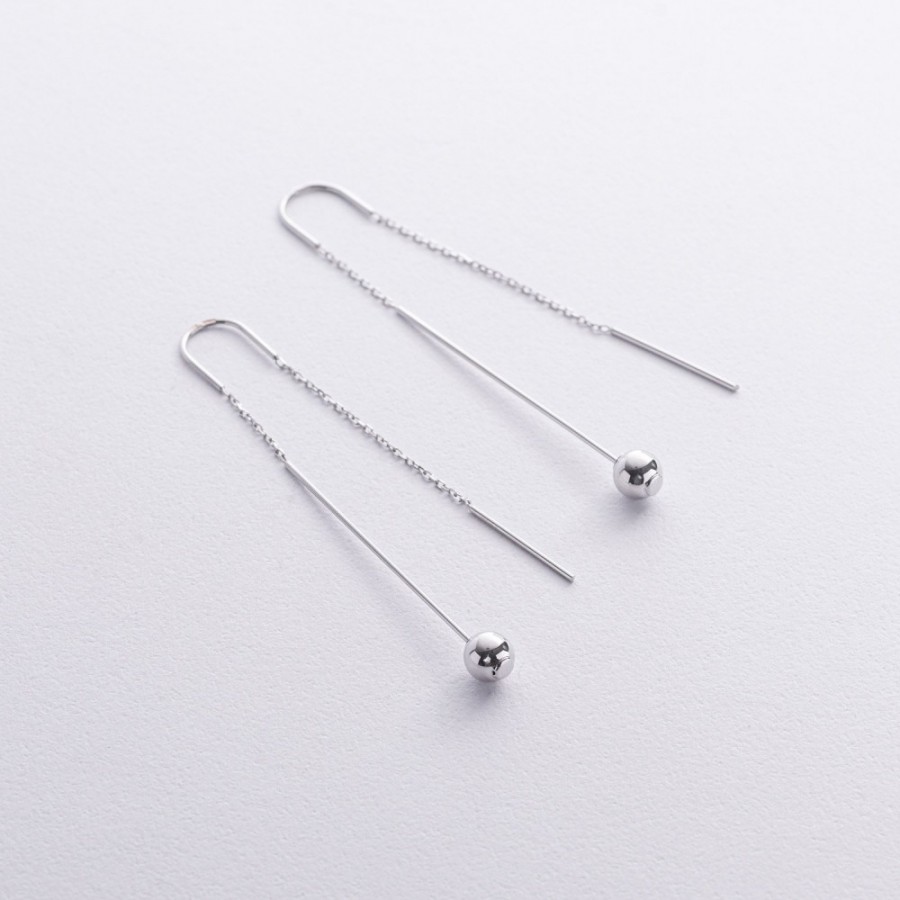 Серьги "Шарики" в белом золоте на цепочке с08823