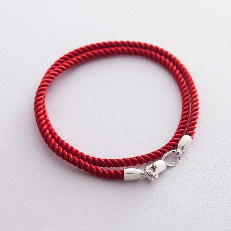 Шелковый красный шнурок с гладкой серебряной застежкой (3мм) 18203