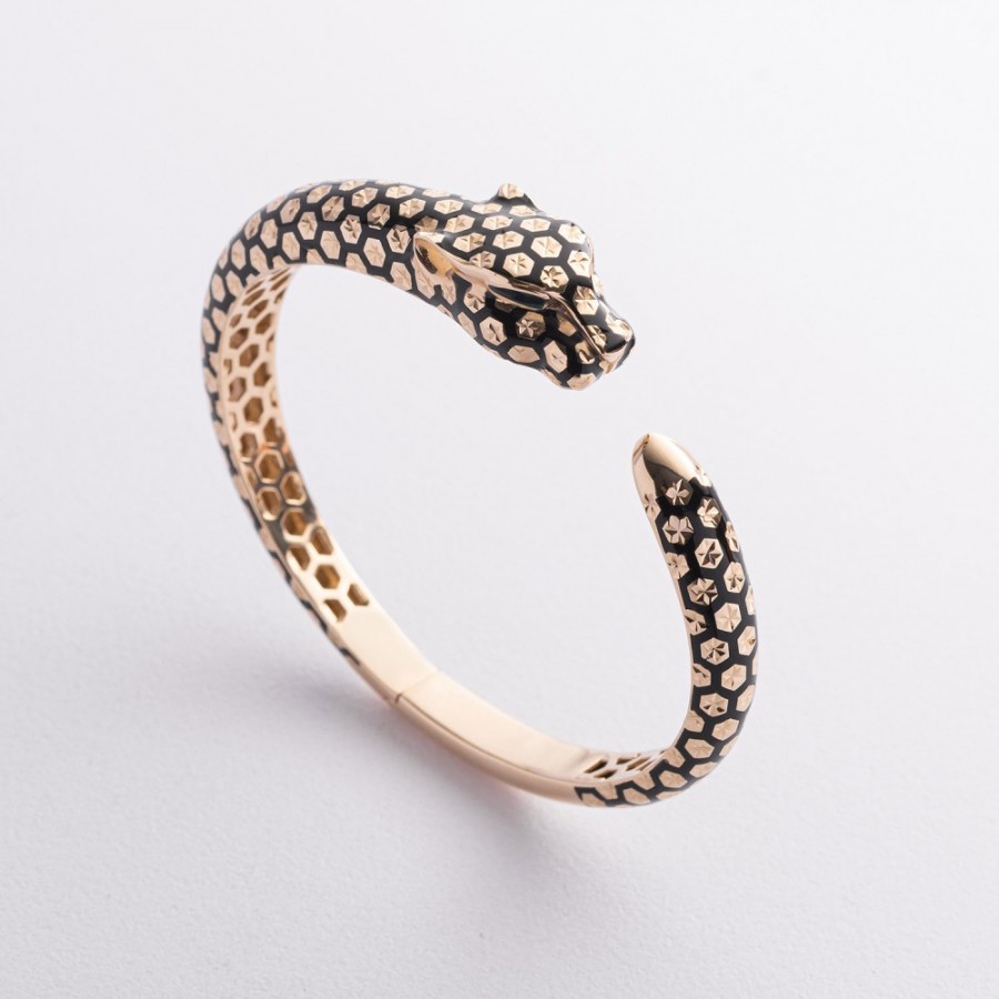 Жорсткий золотий браслет "Пантера" (емаль, фіаніти) б04928