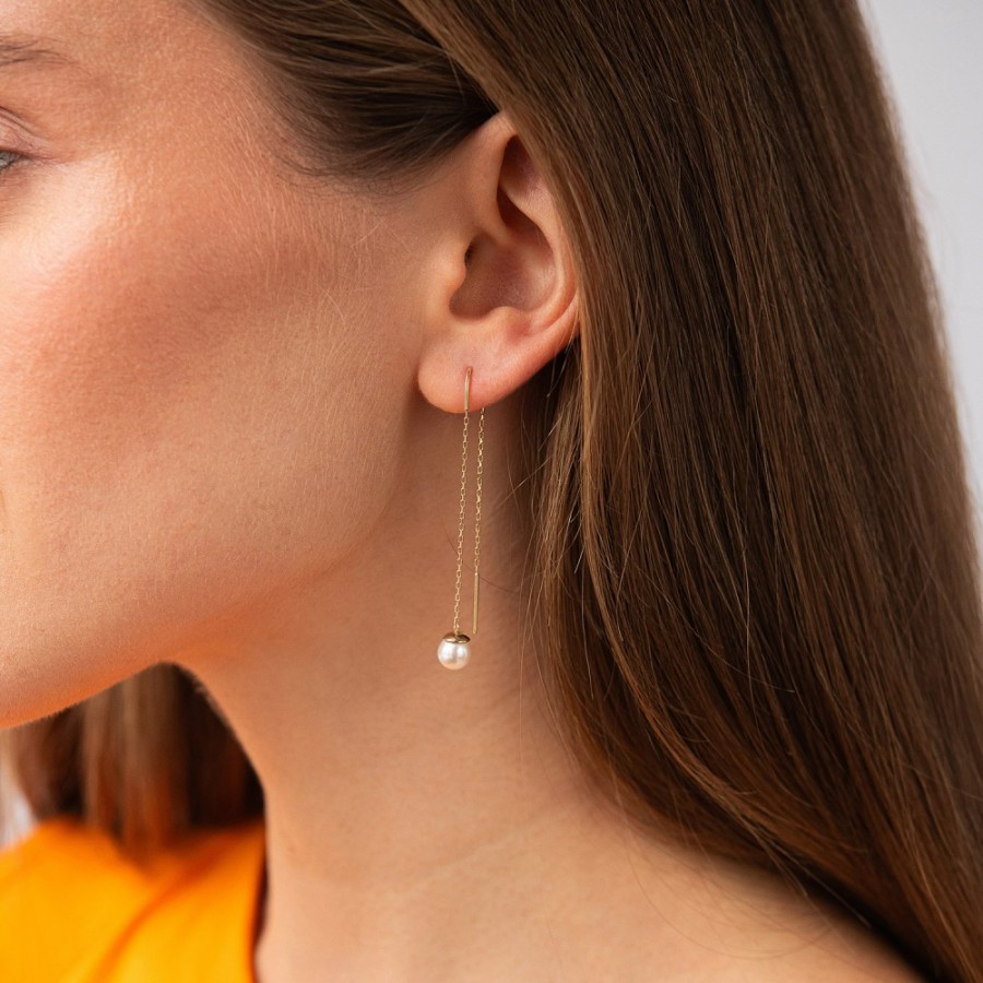 Серьги - протяжки с жемчугом (желтое золото) с08266