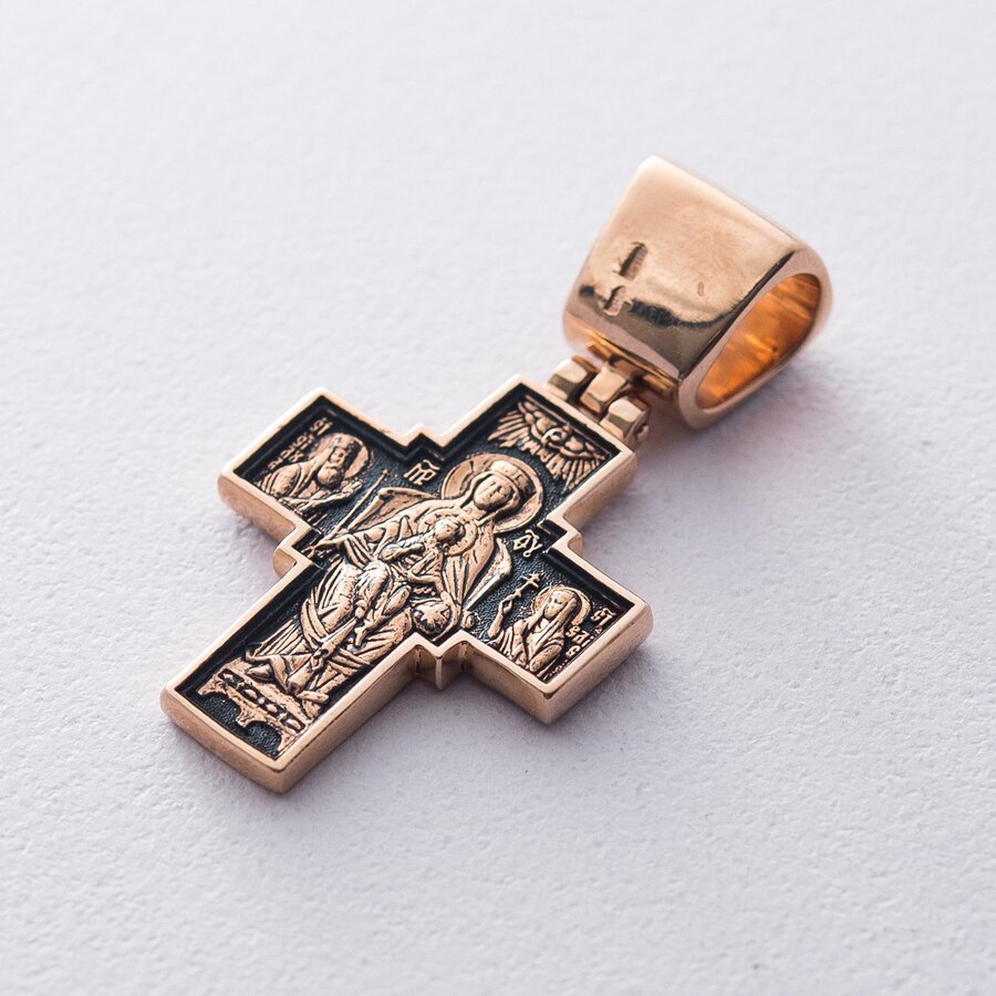 Золотой крест с чернением "Спас на престоле. Божия Матерь на престоле" п02432