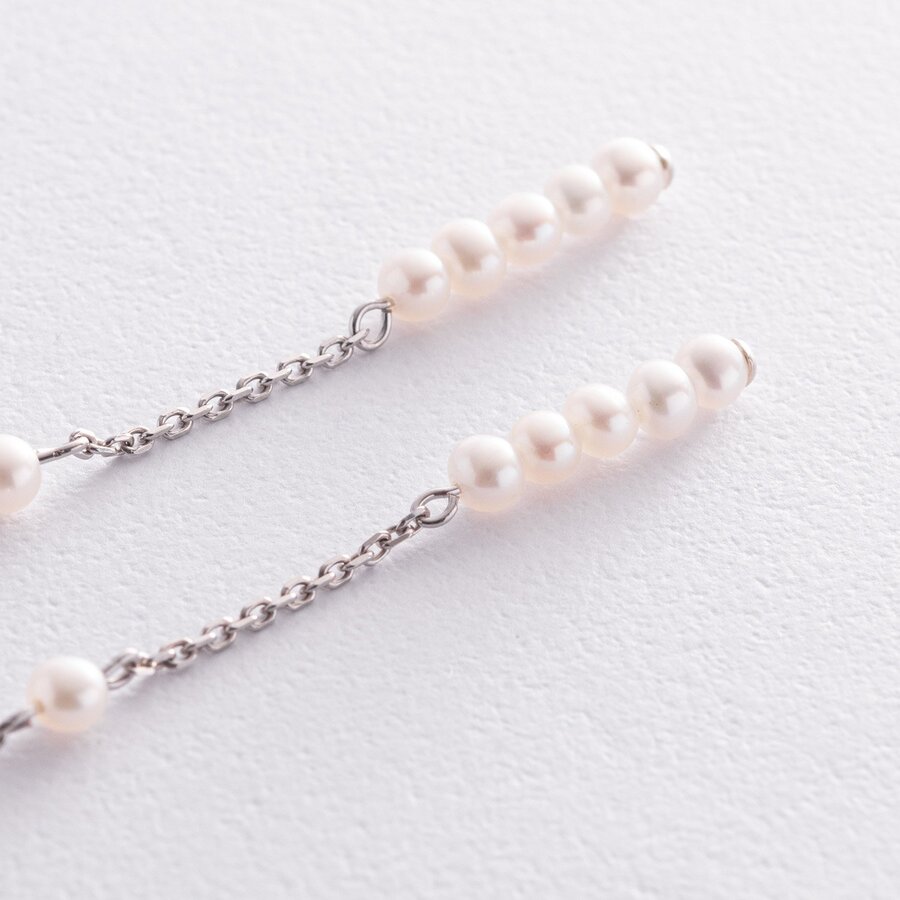 Срібні сережки - пусети з перлами на ланцюжку 2340/1р-3PWT