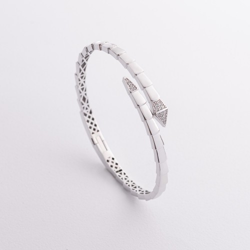 Жесткий браслет "Змея" в белом золоте (фианиты) б05494