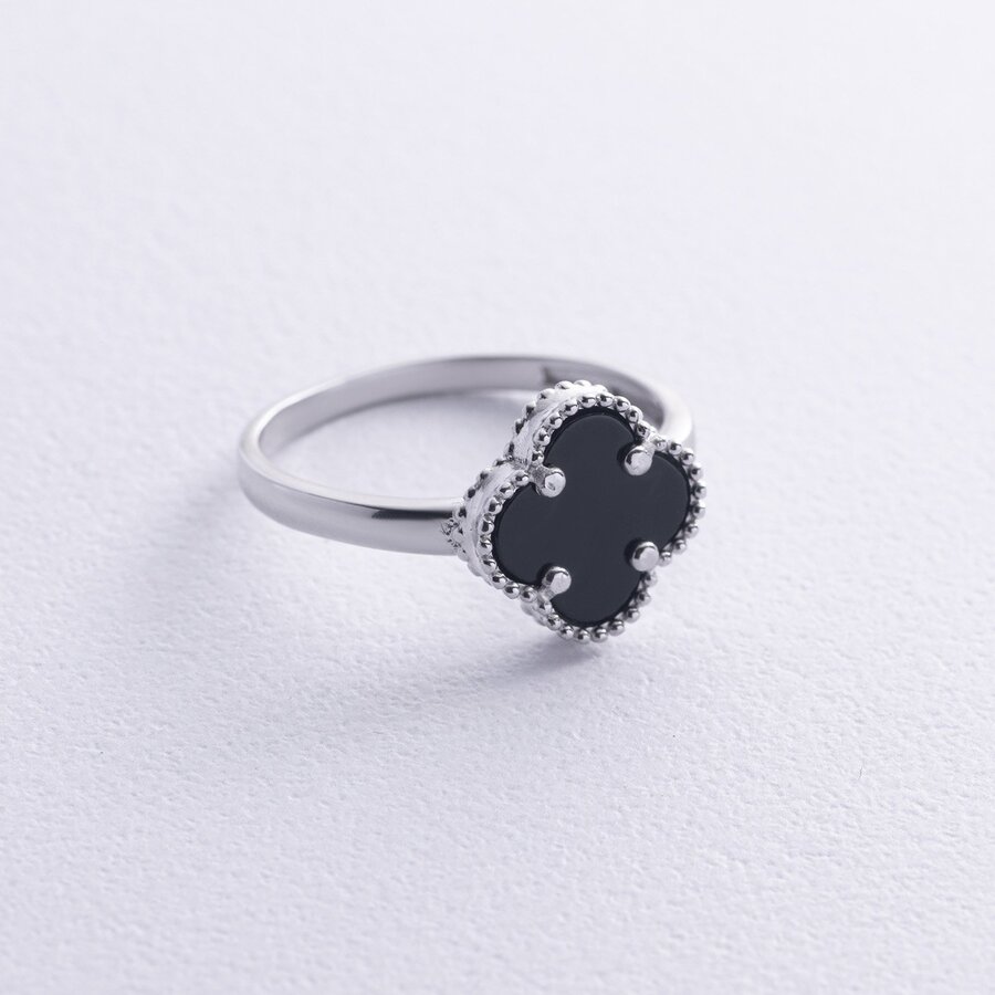 Серебряное кольцо "Клевер" с ониксом 112762