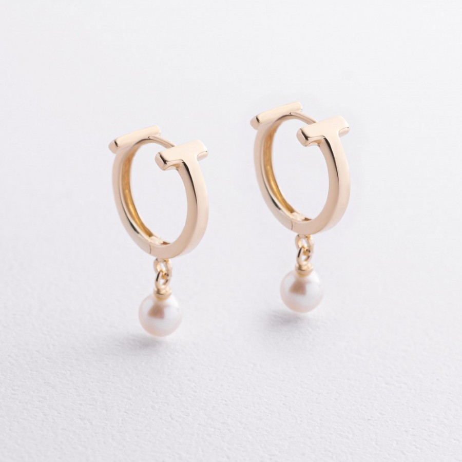 Серьги - кольца "Tina" с жемчугом (желтое золото) с09630