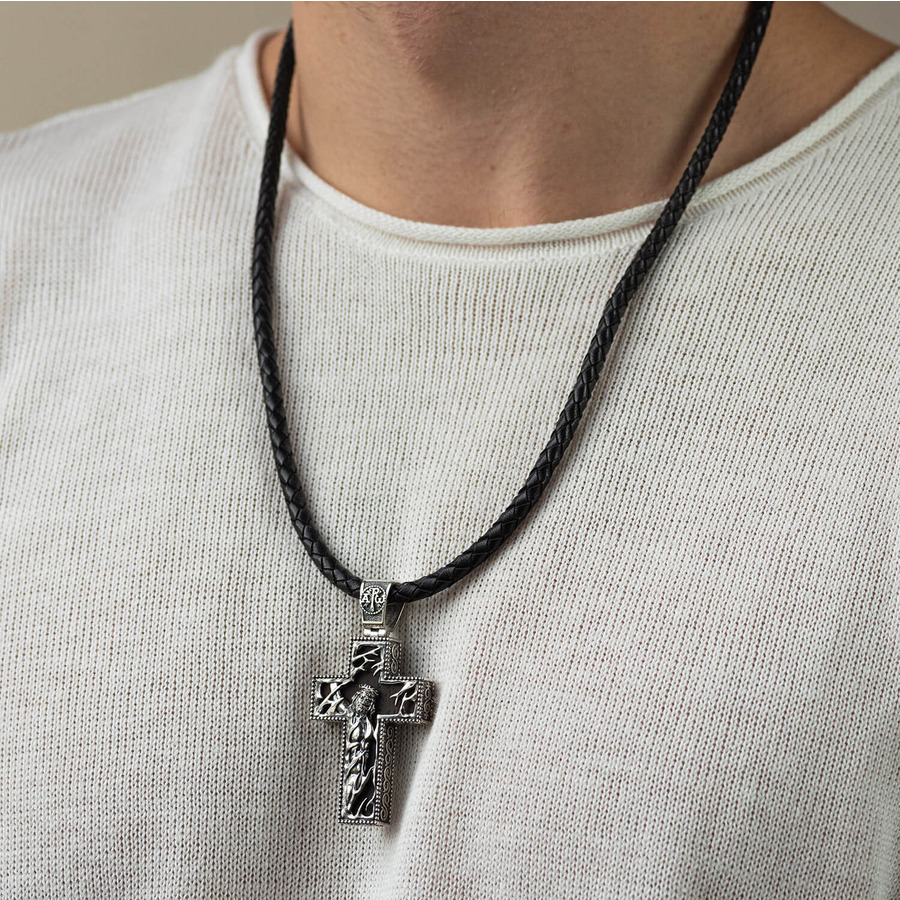 Мужской православный крест "Распятие" из эбенового дерева и серебра 970