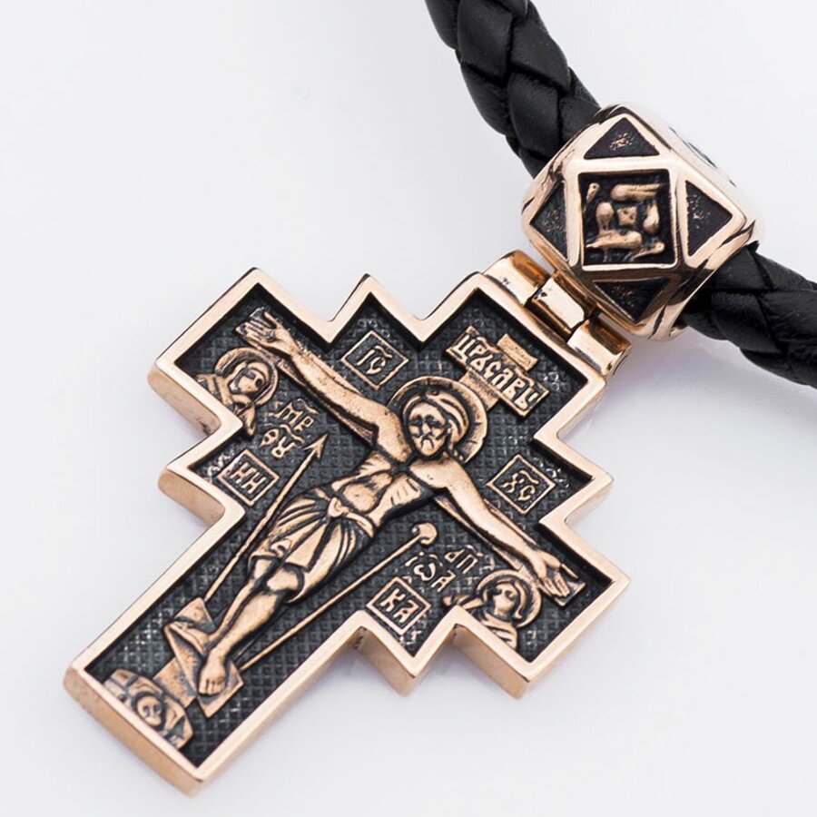 Золотой крестик "Распятие. Икона Божией Матери "Неопалимая Купина" п02636