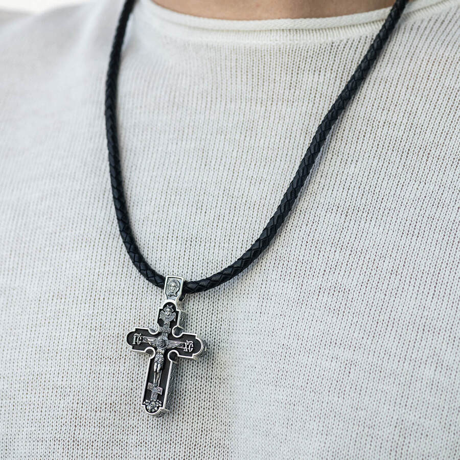 Чоловічий православний хрест "Розп'яття. Спаси і Збережи" з ебенового дерева та срібла 1214