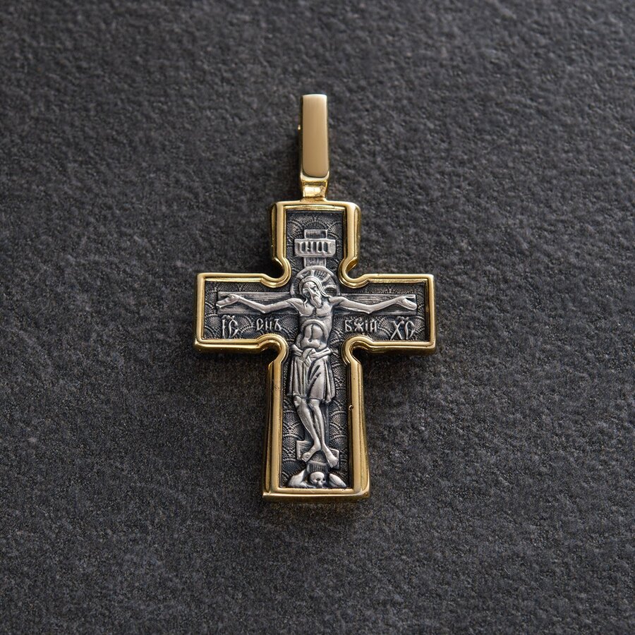 Серебряный крест "Распятие. Божия Матерь "Воплощение". Пять святителей" 131347