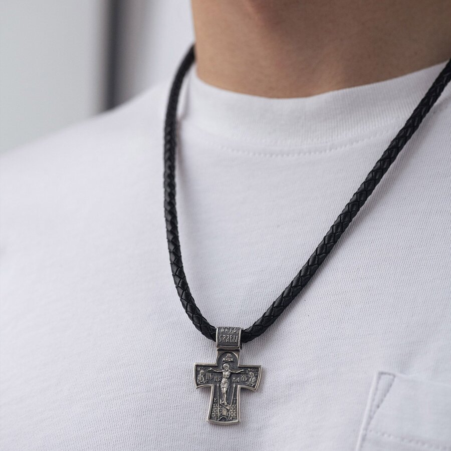 Серебряный крест "Распятие Христово. Ангел Хранитель"  с чернением 132566