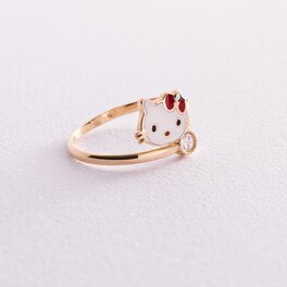 Золотое детское кольцо "Hello Kitty" (эмаль, фианиты) к03449