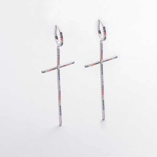 Срібні сережки "Хрестики" з різнокольоровими фіанітами 123484