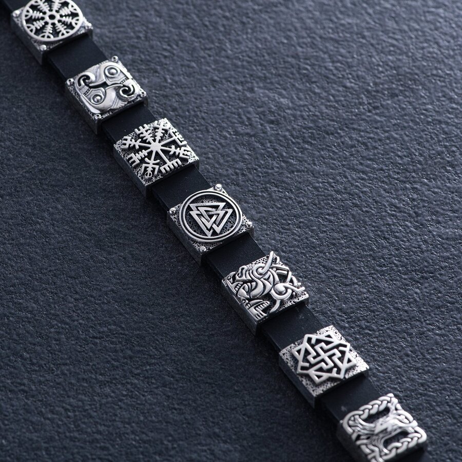 Чоловічий срібний браслет "Мідгард Вікінгів" (шкіра) OR134710