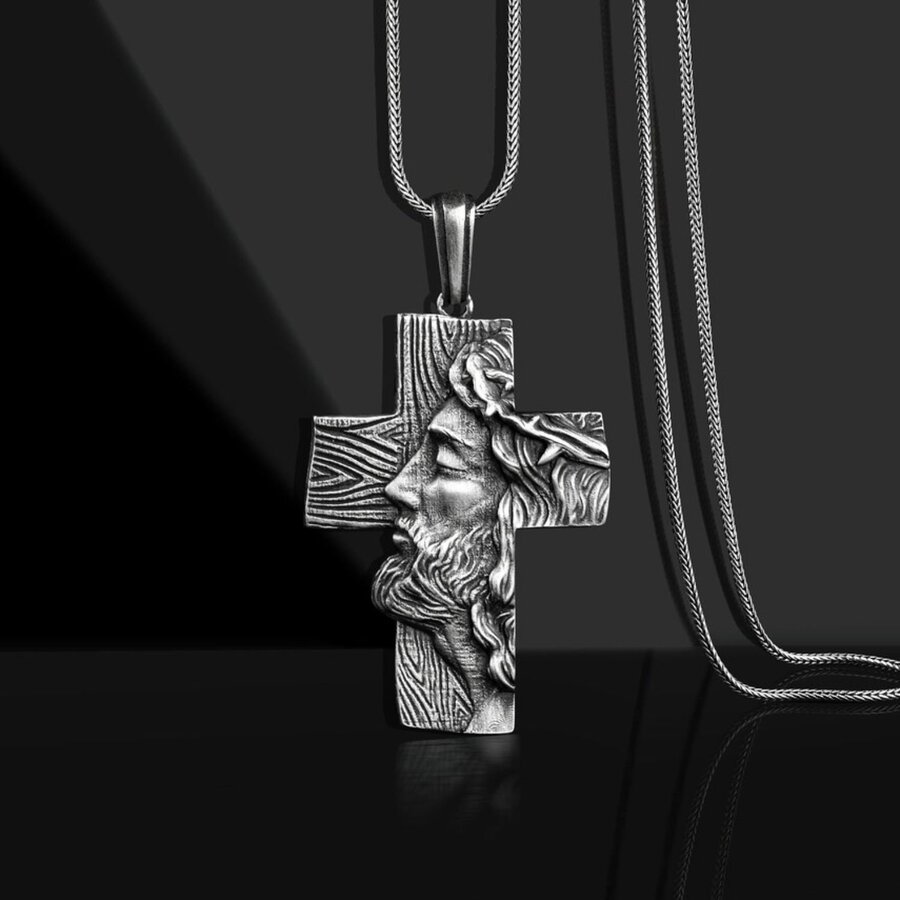 Серебряный крест "Иисус Христом в терновом венце на дереве" 7028