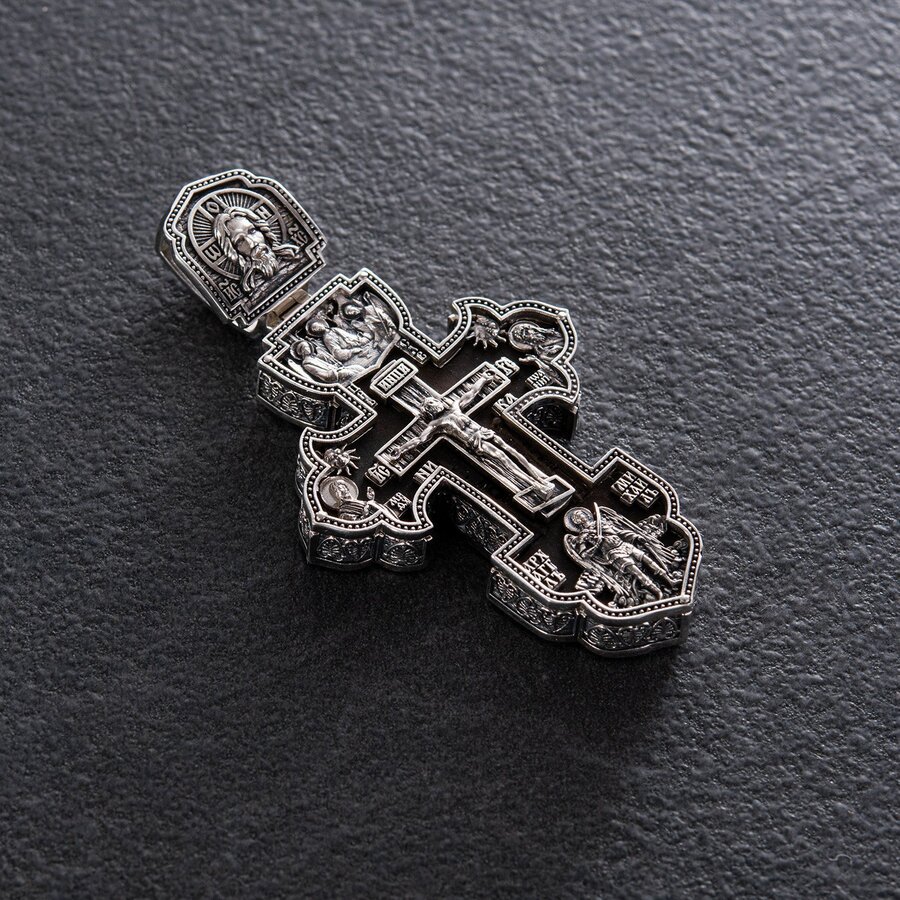 Мужской православный крест "Распятие. Спаси и Сохрани" из эбенового дерева и серебра 1003с