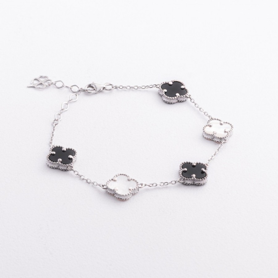 Срібний браслет "Конюшина" (перламутр, онікс) 141647