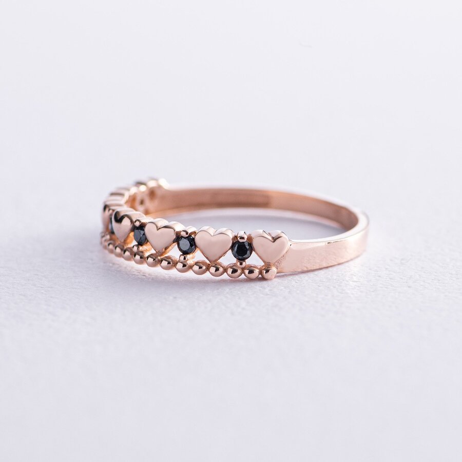 Золотое кольцо "Сердечки" с черными фианитами к07046 16.5