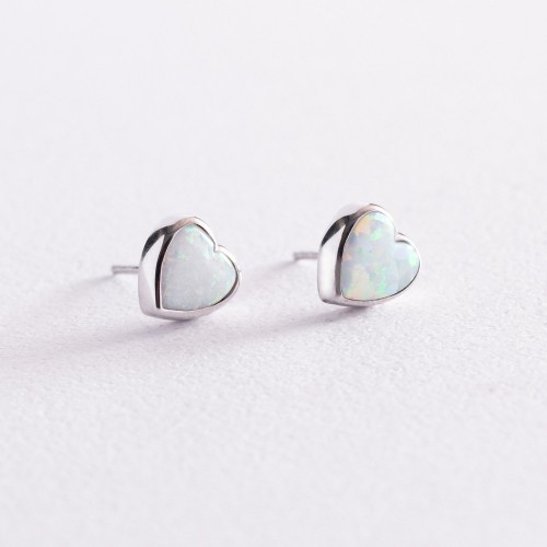 Золотые серьги - пусеты "Сердечки" с опалом с07745 Золотые серьги - пусеты "Сердечки" с опалом с07745