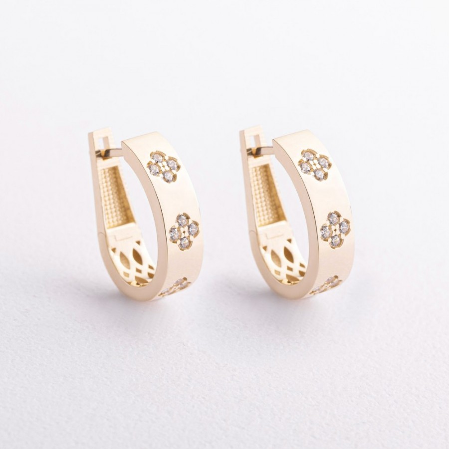 Серьги "Клевер" с фианитами (желтое золото) с09685