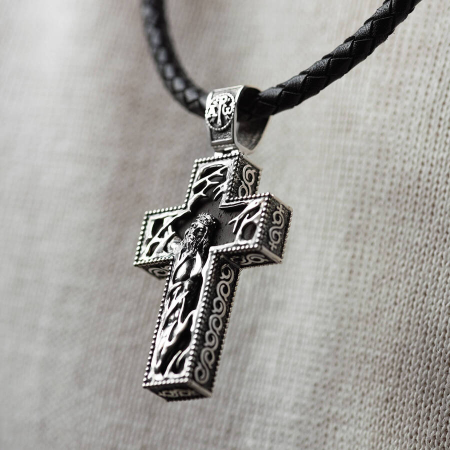 Мужской православный крест "Распятие" из эбенового дерева и серебра 970